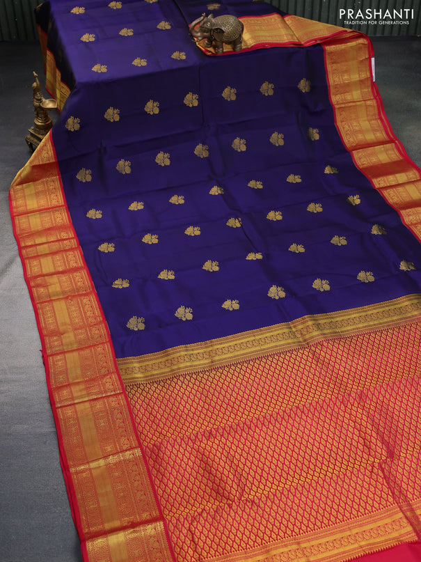 Pure kanchipuram silk saree blue and pink with floral zari woven buttas and zari woven border