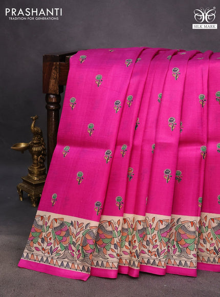 Madhubani printed silk saree pink and cream with allover butta prints and madhubani printed border