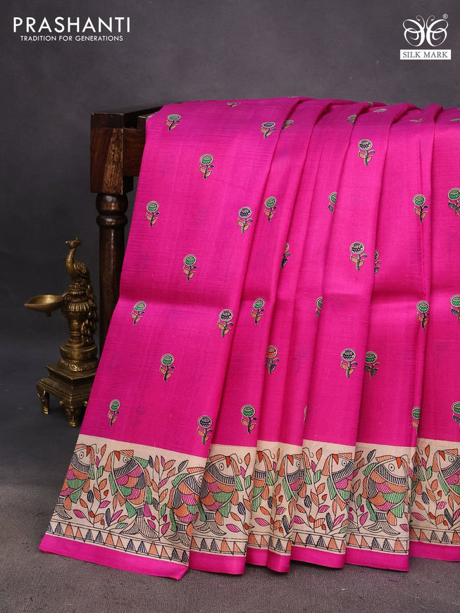 Madhubani printed silk saree pink and cream with allover butta prints and madhubani printed border