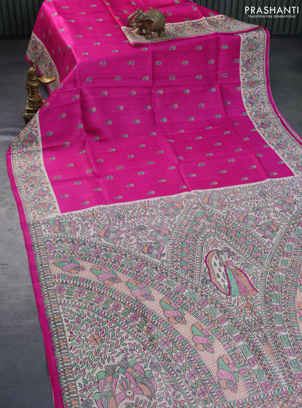 Madhubani printed silk saree pink and cream with allover butta prints and madhubani printed border