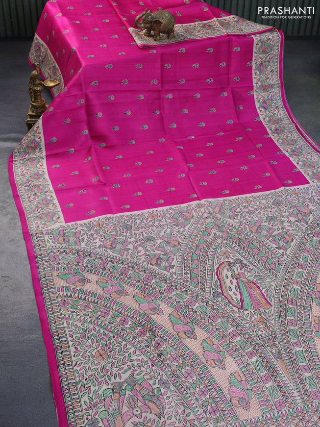 Madhubani printed silk saree pink and cream with allover butta prints and madhubani printed border