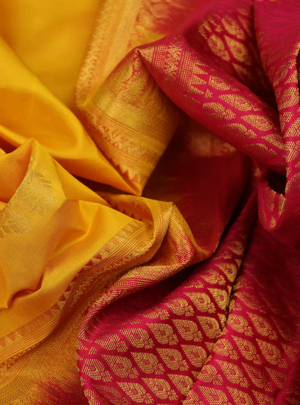 Pure kanchipuram silk saree yellow and pink with floral zari woven buttas and zari woven border