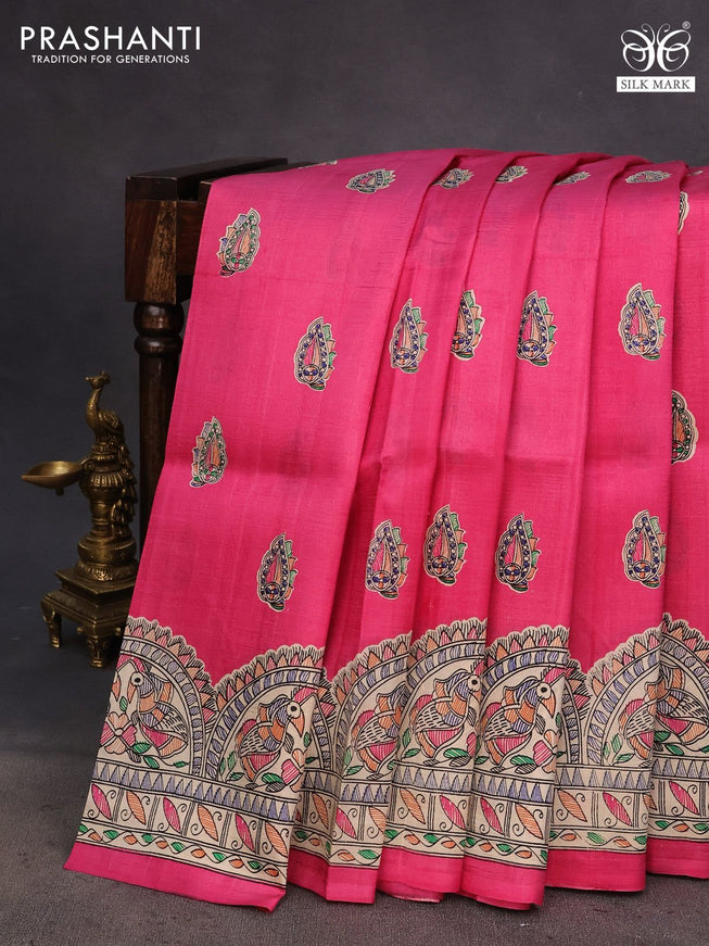 Madhubani printed silk saree pink and cream with butta prints and madhubani printed border