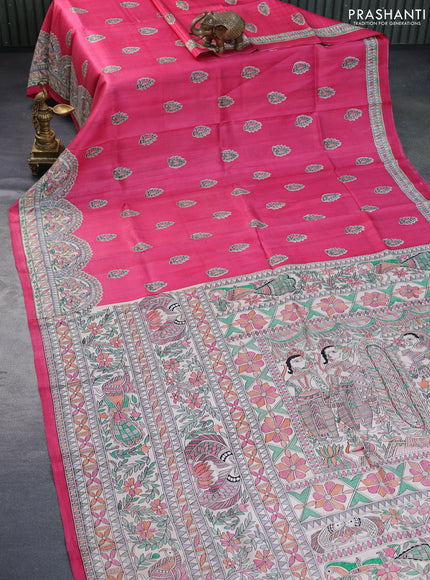 Madhubani printed silk saree pink and cream with butta prints and madhubani printed border