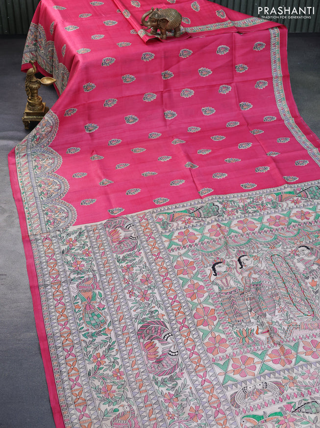 Madhubani printed silk saree pink and cream with butta prints and madhubani printed border