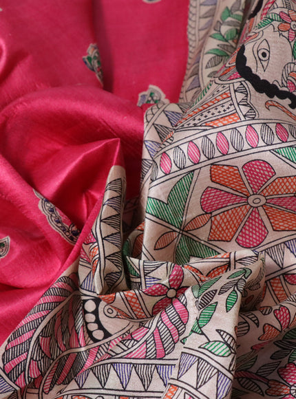 Madhubani printed silk saree pink and cream with butta prints and madhubani printed border