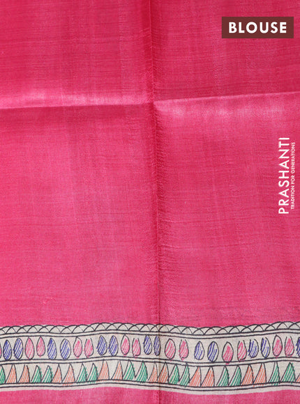 Madhubani printed silk saree pink and cream with butta prints and madhubani printed border