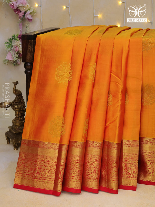 Pure kanchipuram silk saree mustard yellow and red with floral zari woven buttas and annam zari woven border