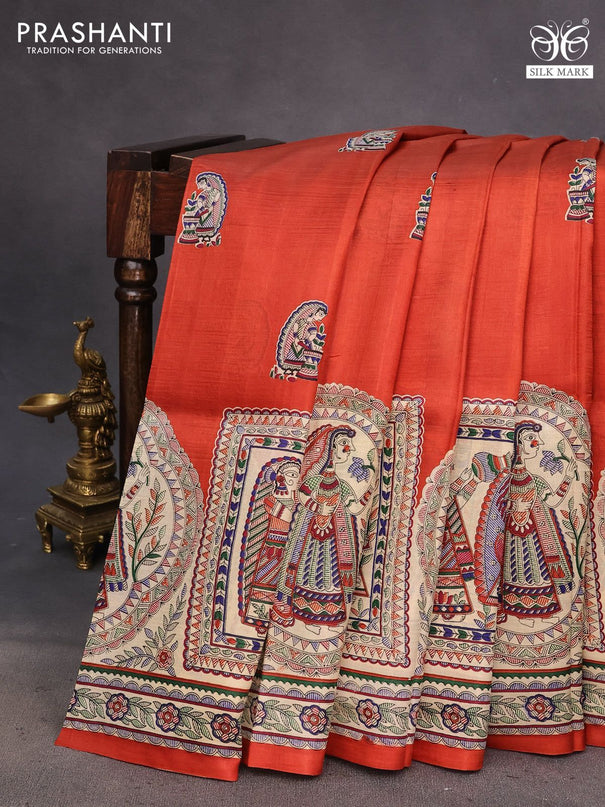 Madhubani printed silk saree rustic orange and cream with butta prints and long madhubani printed border