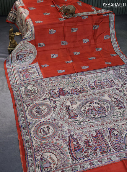 Madhubani printed silk saree rustic orange and cream with butta prints and long madhubani printed border