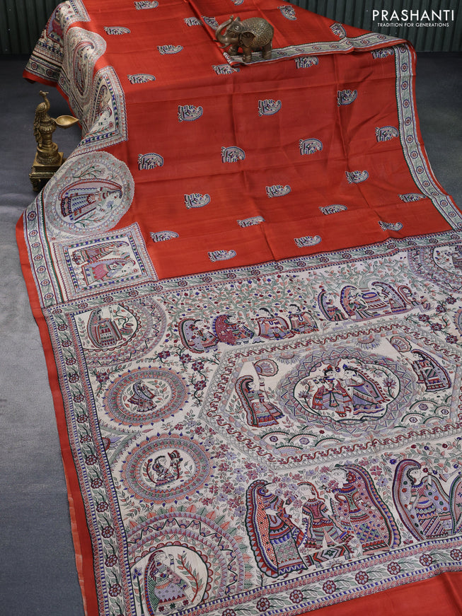 Madhubani printed silk saree rustic orange and cream with butta prints and long madhubani printed border