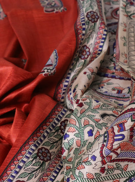 Madhubani printed silk saree rustic orange and cream with butta prints and long madhubani printed border