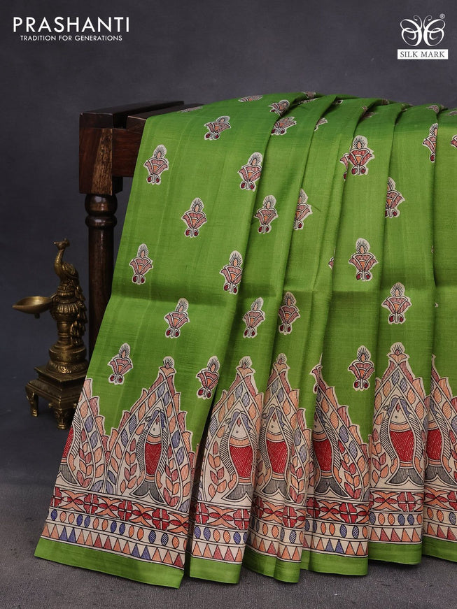 Madhubani printed silk saree green and cream with butta prints and long madhubani printed border