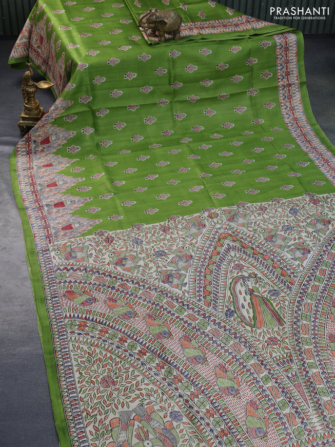 Madhubani printed silk saree green and cream with butta prints and long madhubani printed border