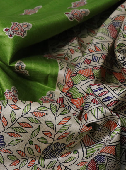 Madhubani printed silk saree green and cream with butta prints and long madhubani printed border