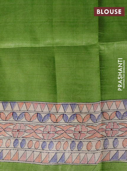 Madhubani printed silk saree green and cream with butta prints and long madhubani printed border