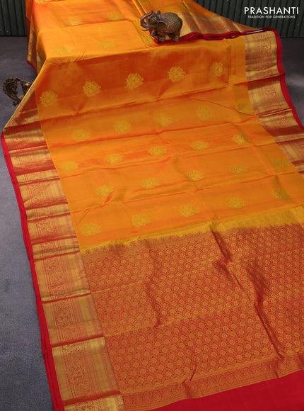 Pure kanchipuram silk saree mustard yellow and red with floral zari woven buttas and annam zari woven border