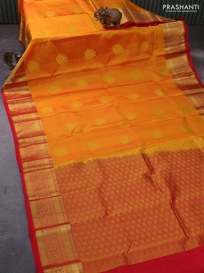 Pure kanchipuram silk saree mustard yellow and red with floral zari woven buttas and annam zari woven border