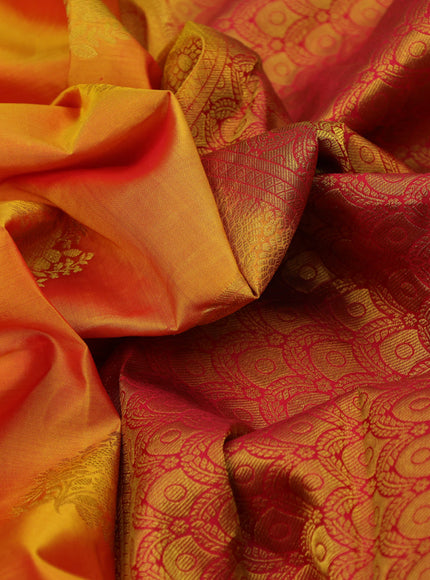 Pure kanchipuram silk saree mustard yellow and red with floral zari woven buttas and annam zari woven border