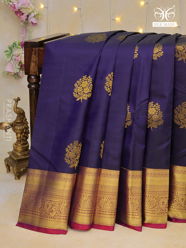 Pure kanchipuram silk saree blue and maroon with floral zari woven buttas and annam zari woven border