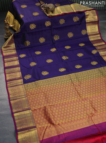 Pure kanchipuram silk saree blue and maroon with floral zari woven buttas and annam zari woven border