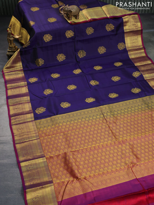 Pure kanchipuram silk saree blue and maroon with floral zari woven buttas and annam zari woven border