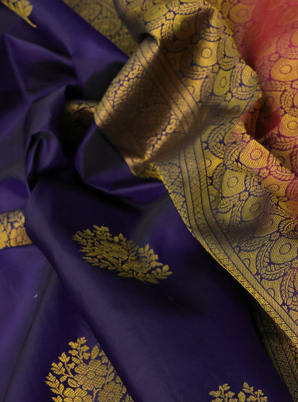 Pure kanchipuram silk saree blue and maroon with floral zari woven buttas and annam zari woven border