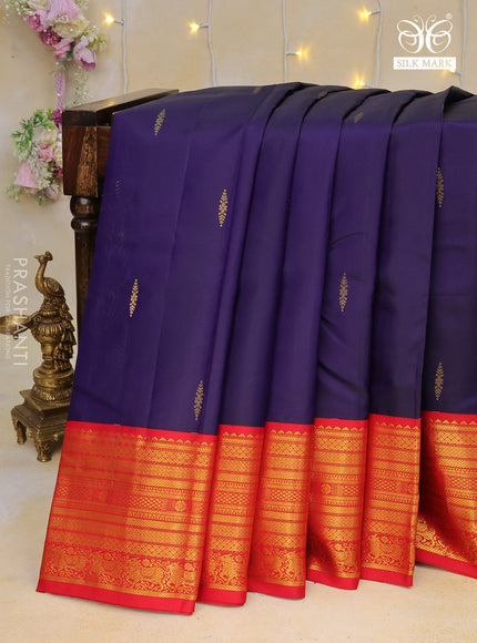 Pure kanchipuram silk saree blue and red with zari woven buttas and zari woven korvai border