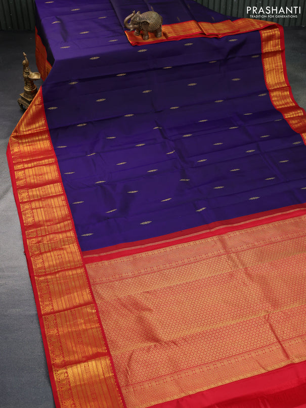 Pure kanchipuram silk saree blue and red with zari woven buttas and zari woven korvai border