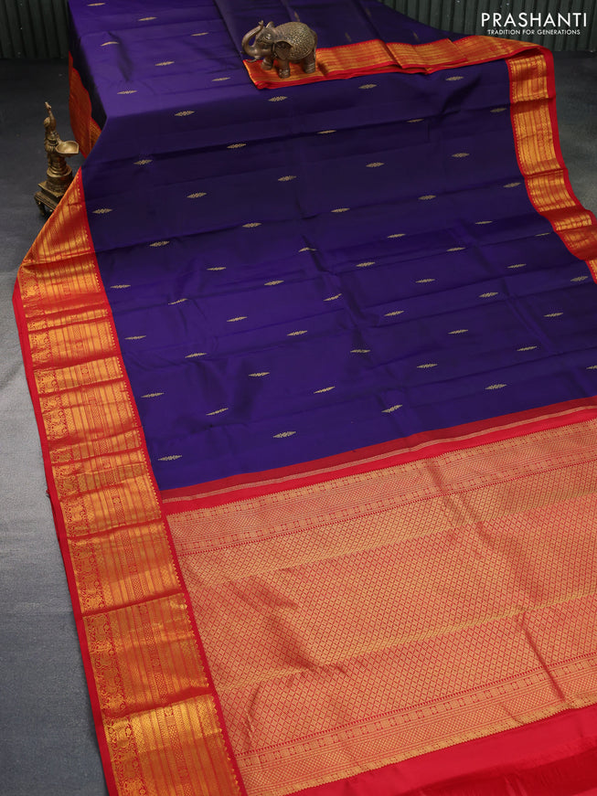 Pure kanchipuram silk saree blue and red with zari woven buttas and zari woven korvai border