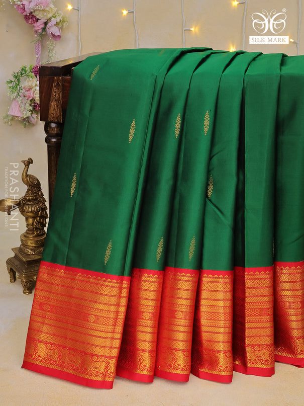 Pure kanchipuram silk saree green and red with zari woven buttas and zari woven korvai border