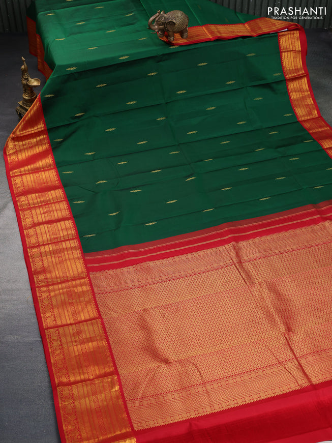 Pure kanchipuram silk saree green and red with zari woven buttas and zari woven korvai border