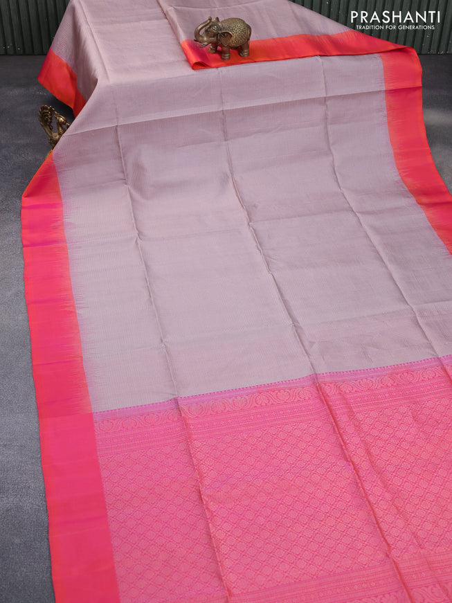 Pure soft silk saree pastel brown and dual shade of pinkish orange with allover small zari checked pattern and simple border