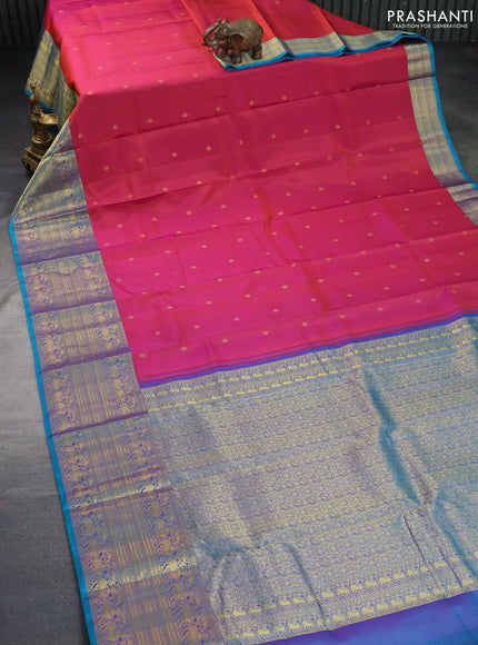 Pure kanchipuram silk saree dual shade of pink and dual shade of blue with zari woven buttas and long zari woven border