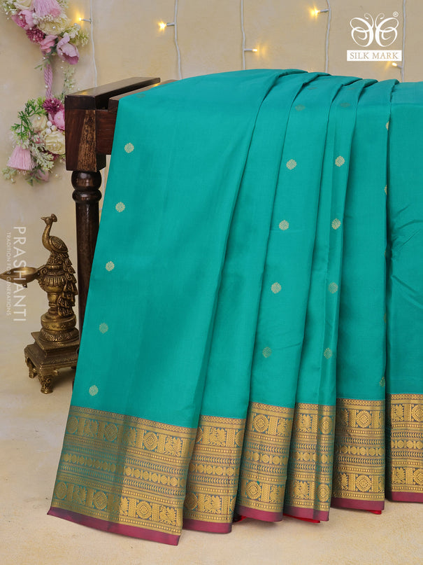 Pure kanchipuram silk saree teal blue and pink with zari woven buttas and zari woven border