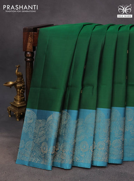 Pure soft silk saree green and teal blue shade with zari woven temple buttas and long zari woven border