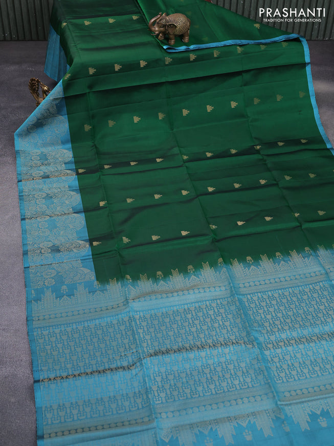 Pure soft silk saree green and teal blue shade with zari woven temple buttas and long zari woven border