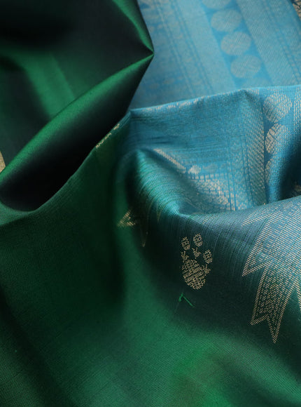 Pure soft silk saree green and teal blue shade with zari woven temple buttas and long zari woven border