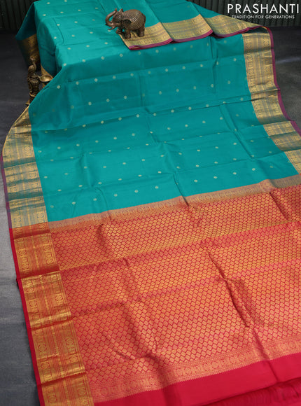 Pure kanchipuram silk saree teal blue and pink with zari woven buttas and zari woven border