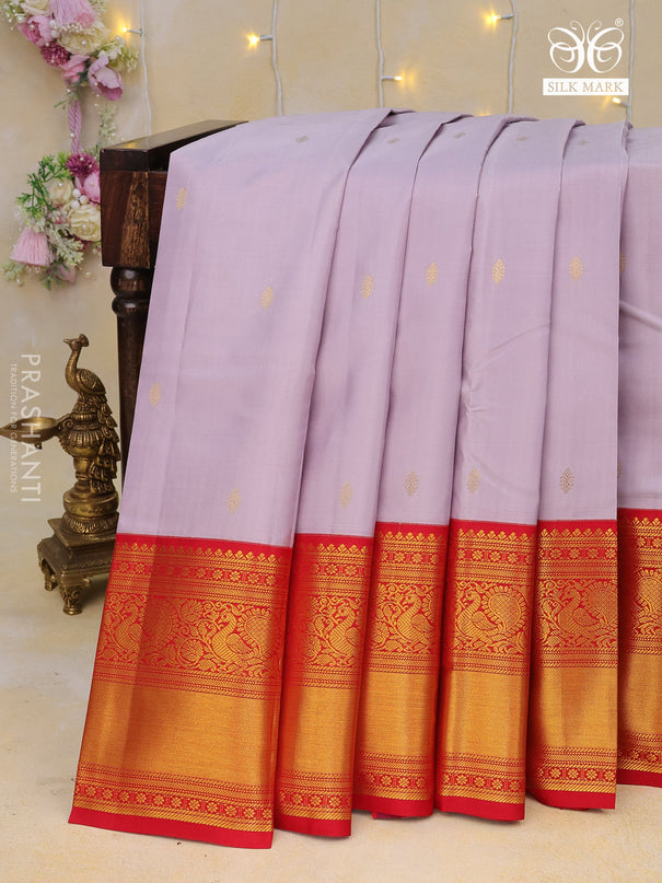 Pure kanchipuram silk saree pastel lavender and red with zari woven buttas and long annam zari woven korvai border