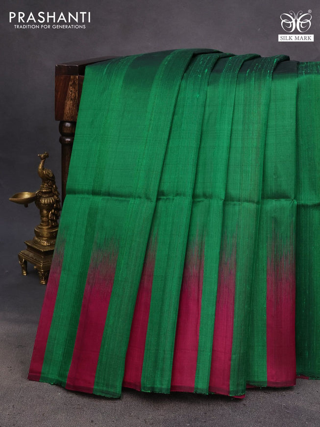 Pure soft silk saree green and dark magenta pink with plain body & jute finish and temple design border