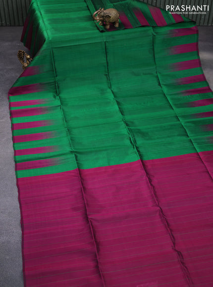 Pure soft silk saree green and dark magenta pink with plain body & jute finish and temple design border