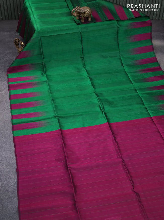 Pure soft silk saree green and dark magenta pink with plain body & jute finish and temple design border