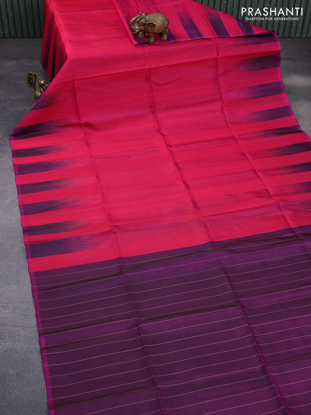 Pure soft silk saree dark pink and dark magenta pink with plain body & jute finish and temple design border