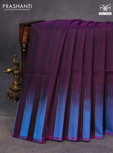 Pure soft silk saree deep purple and blue with plain body & jute finish and temple design border