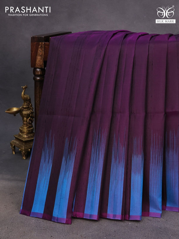 Pure soft silk saree deep purple and blue with plain body & jute finish and temple design border