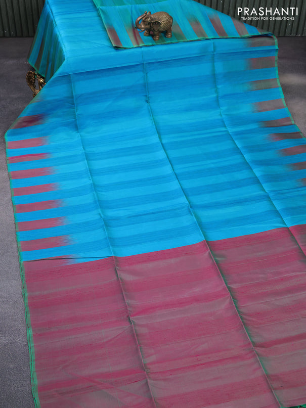 Pure soft silk saree dual shade of bluish green and dual shade of greenish pink with plain body & jute finish and temple design border