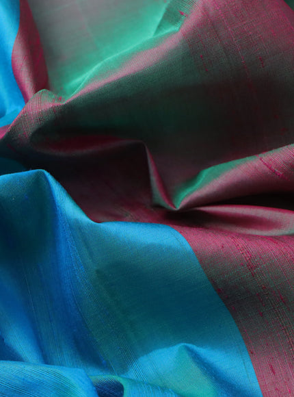 Pure soft silk saree dual shade of bluish green and dual shade of greenish pink with plain body & jute finish and temple design border