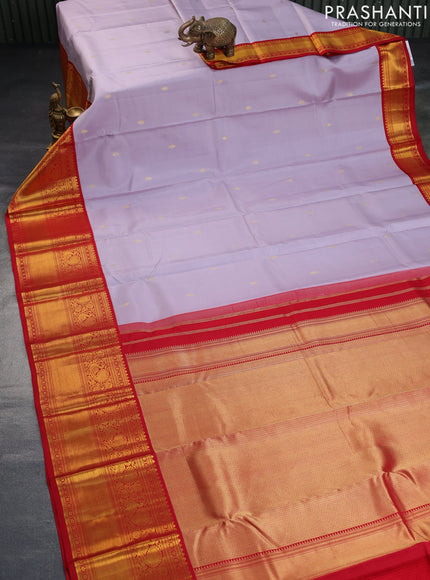 Pure kanchipuram silk saree pastel lavender and red with zari woven buttas and long annam zari woven korvai border