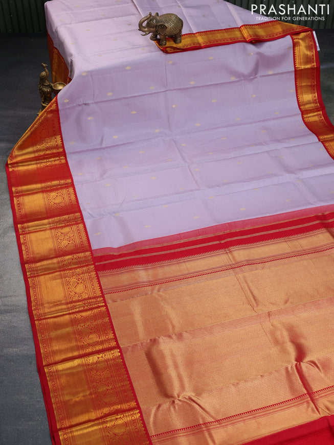 Pure kanchipuram silk saree pastel lavender and red with zari woven buttas and long annam zari woven korvai border